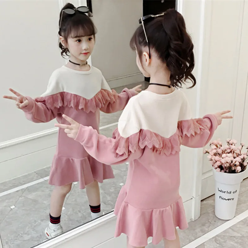 Pink DFXD/Для девочек-подростков, Осенние наряды Новинка Корейская детская одежда кружевное платье с длинными рукавами платье с оборками и русалкой для 3-12Yrs платье принцессы - Цвет: Pink