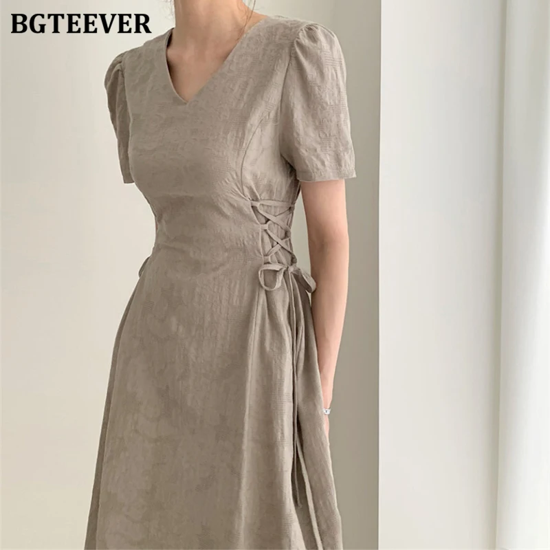 BGTEEVER Retro V-neck Slim Waist Women Dress Elegant Short Sleeve Lace Up Female 2020 Summer Floral Pattern Vestidos femme | Женская