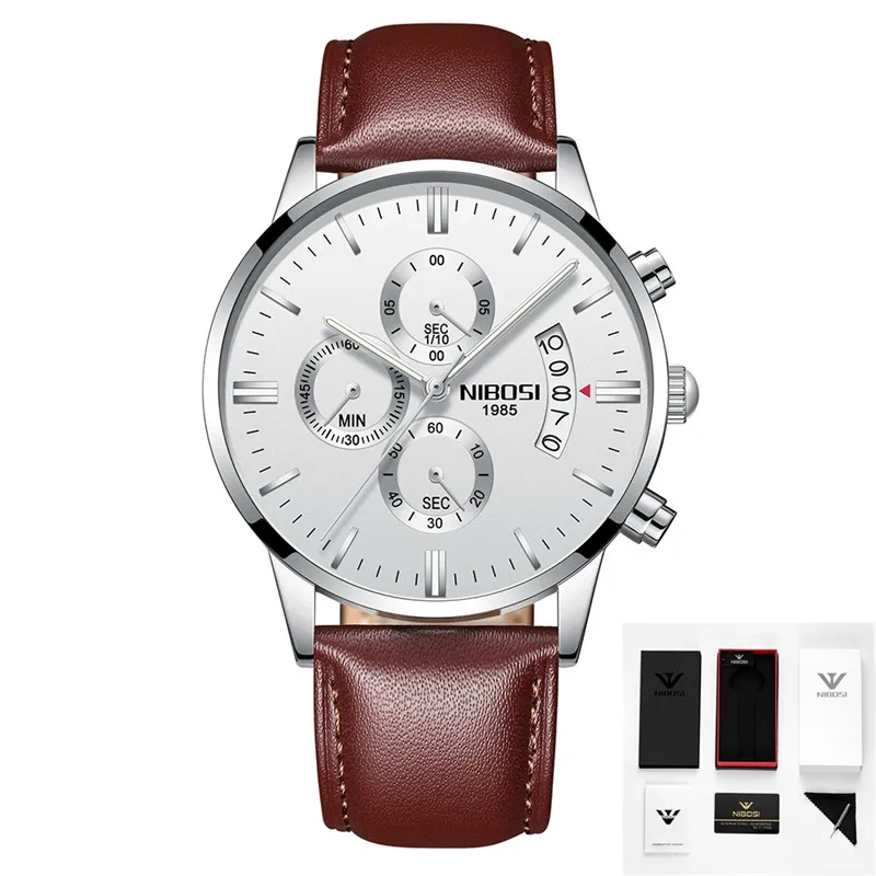 14 with box NIBOSI часы Relogio Masculino люксовый бренд Мужские Хронограф деловые Часы мужские стальные кожаные водонепроницаемые кварцевые наручные часы - Цвет: 14 with box