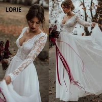 lorie long sleeve lace beach wedding dress illusion v neck backless soft tulle bridal gowns a line princess vestido de noiva