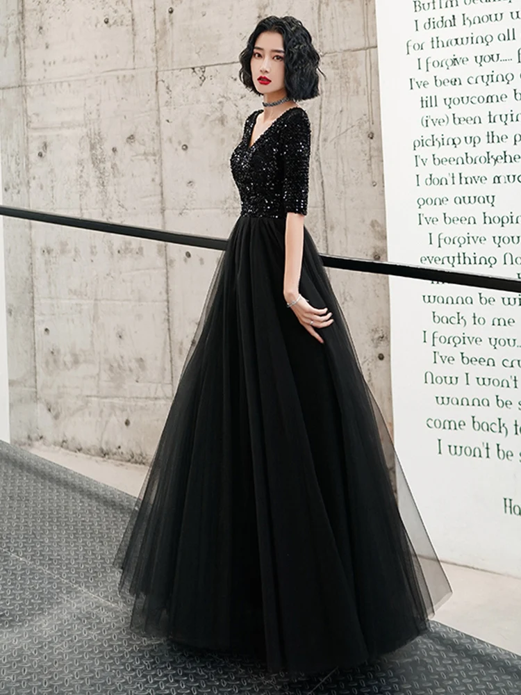Женское вечернее платье с блестками AE754 черное элегантное длинное V-образным