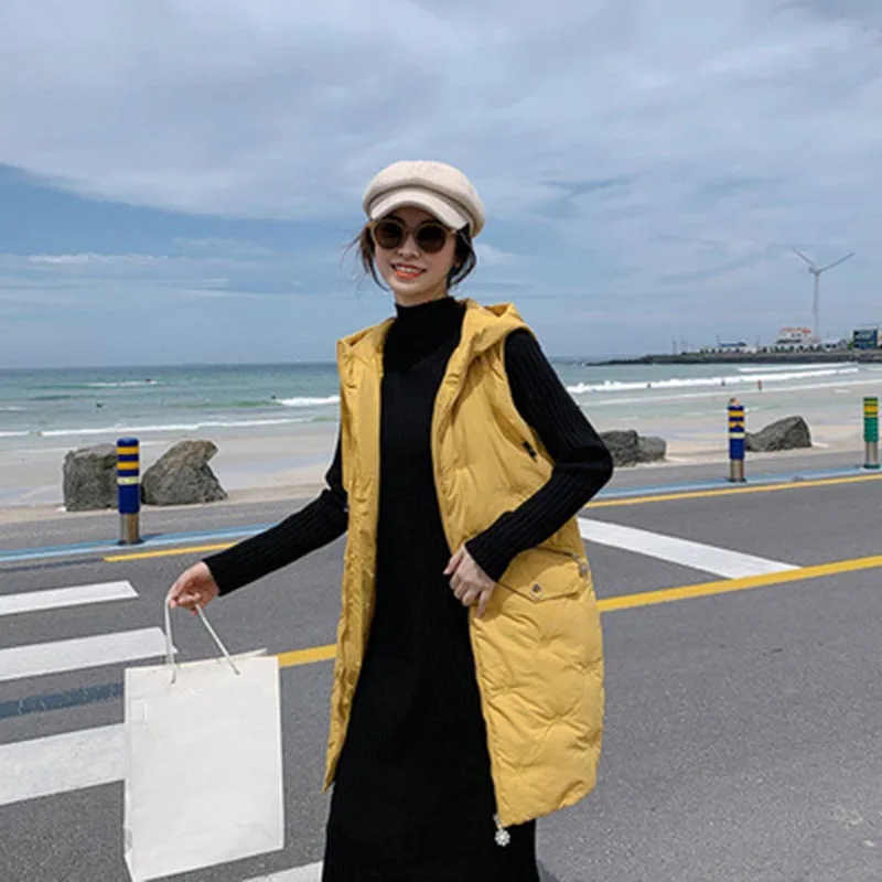 Женский Длинный жилет из хлопка с капюшоном и карманами на молнии | Женская