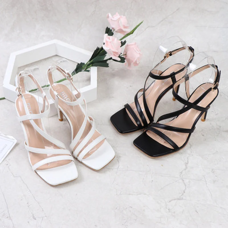 

New Summer Female SexyTransparent Heel Women Ankle Cross Strap Sandal Shoes Ladies Square Toe High Heels Dress Party Shoes