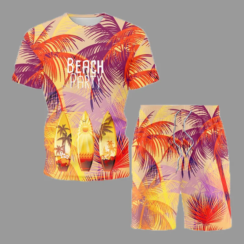 

Пляжные повседневные мужские комплекты в гавайском стиле, костюм с принтом кокосового дерева и короткими рукавами, мужская летняя футболка...