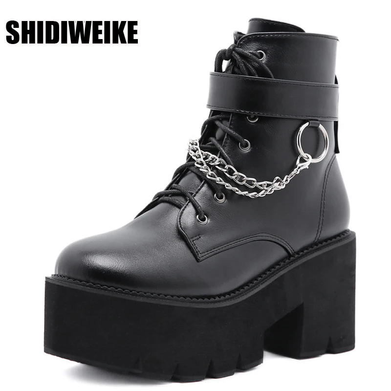 

Женские кожаные готические ботинки, Черные ботильоны на платформе и массивном каблуке, на молнии, vc1398