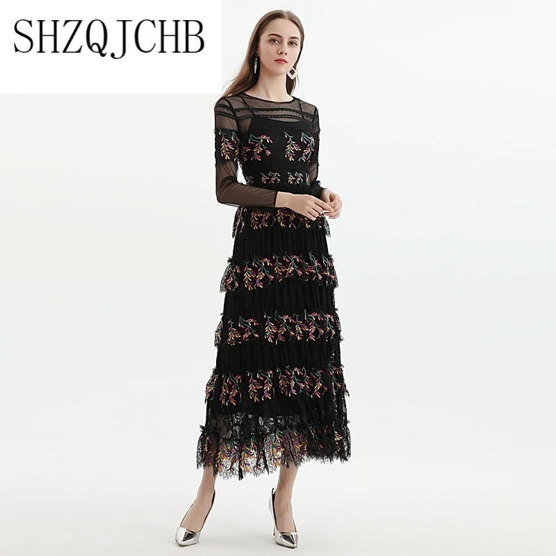 

Dress Long Runway Designer High Quality Autumn New Women'S Party Casual Gentlewoman Long Sleeve Lace Embroidery Elegant Dresses