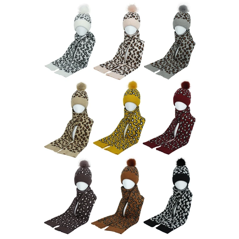 Для женщин зимние Винтаж Леопардовый вязаный помпон Манжеты Шапочка и шарф шаль