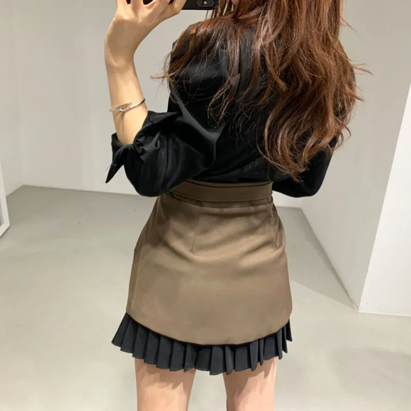 

Sister Fara New Spring Women High Waist Hip Sashes Skirt Autumn Suit+OL Slim 2 Pcs Set Turn Down Collar Long Sleeve Pleat Dress