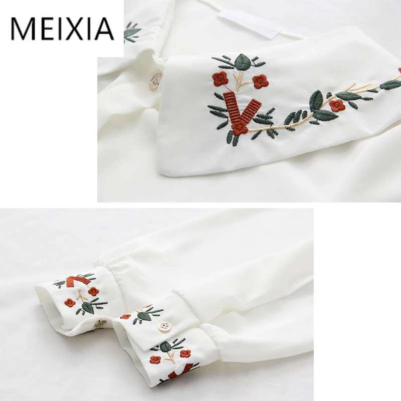 

MEIXIA Autumn Blouses Casual shirt Women Peter Embroidery pan Ruffles Collar Single-breasted Office Lady Floral Tops Shirts
