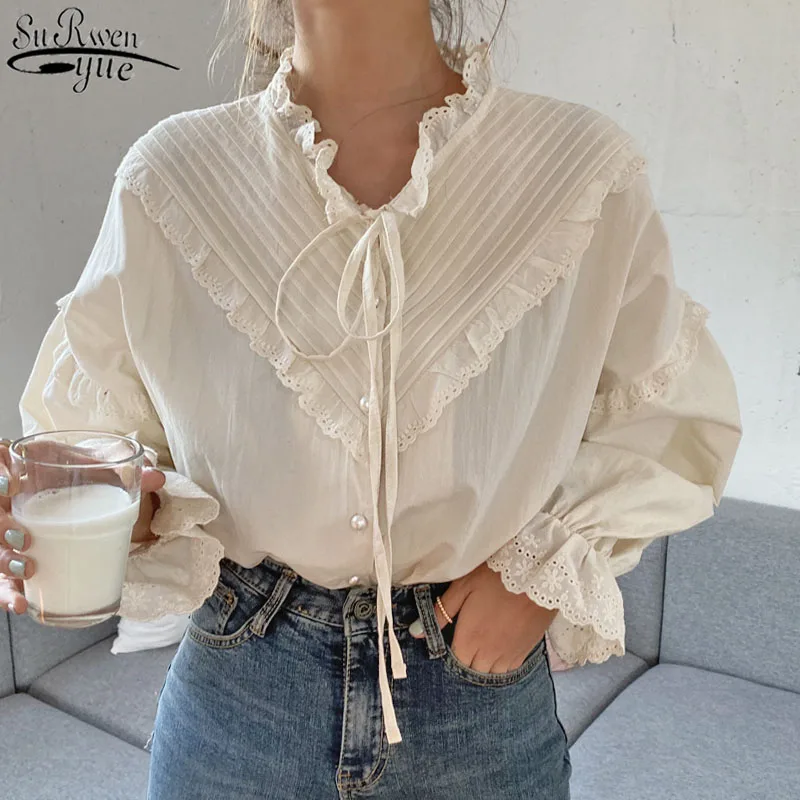 

2021 New Women Hollow Out Vintage Casual Elegant Tops Women Shirts Solid Long Sleeve Korean Style Bow Loose Blouses Blusas 9580