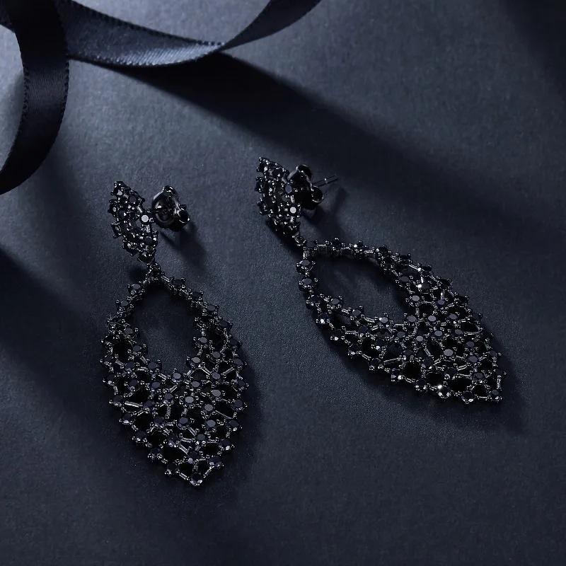 Classic Black Zircon Earring Fashion Jewelled Fan-shaped Earrings Retro Design Fine Jewelry Ear-ring 2020 Fashionable Dangler | Украшения и