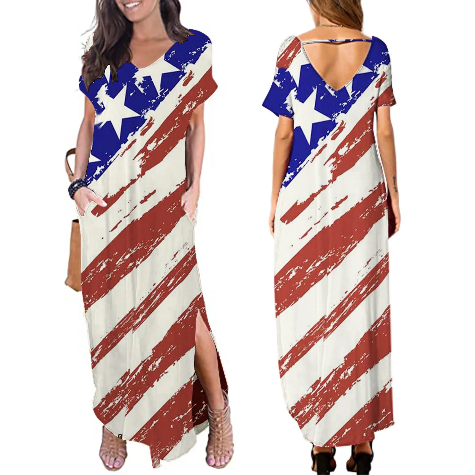 

40# Women Patchwork Maxi Dress Independence Day Beach Long Dress Boho Loose Plus Size Sundress Casual Long Dress Robe Femme