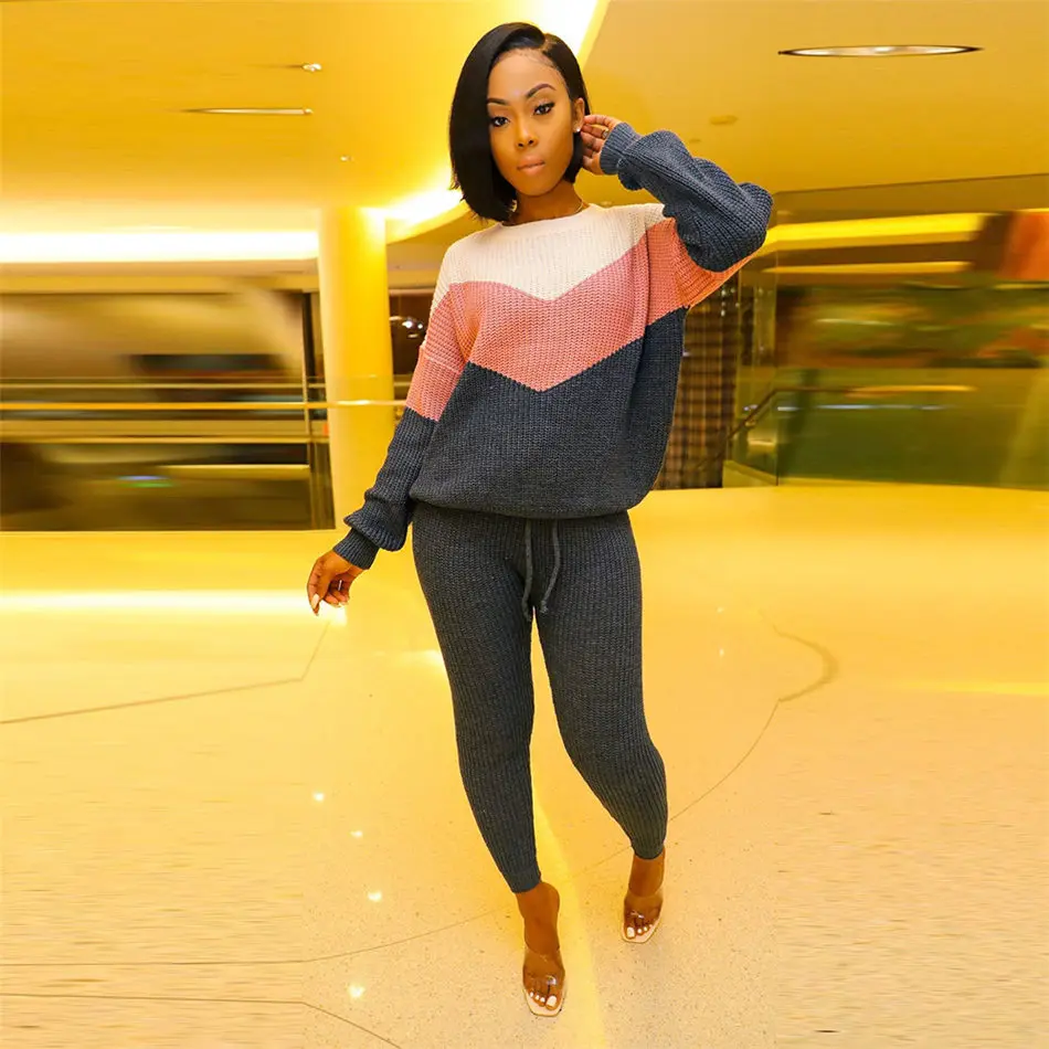 

Women Sets Winter Wool Cashmere Knitted Suit Patchwork Pullover Sweater Pencil Pants Casual Sport Tracksuit Slim Vestido
