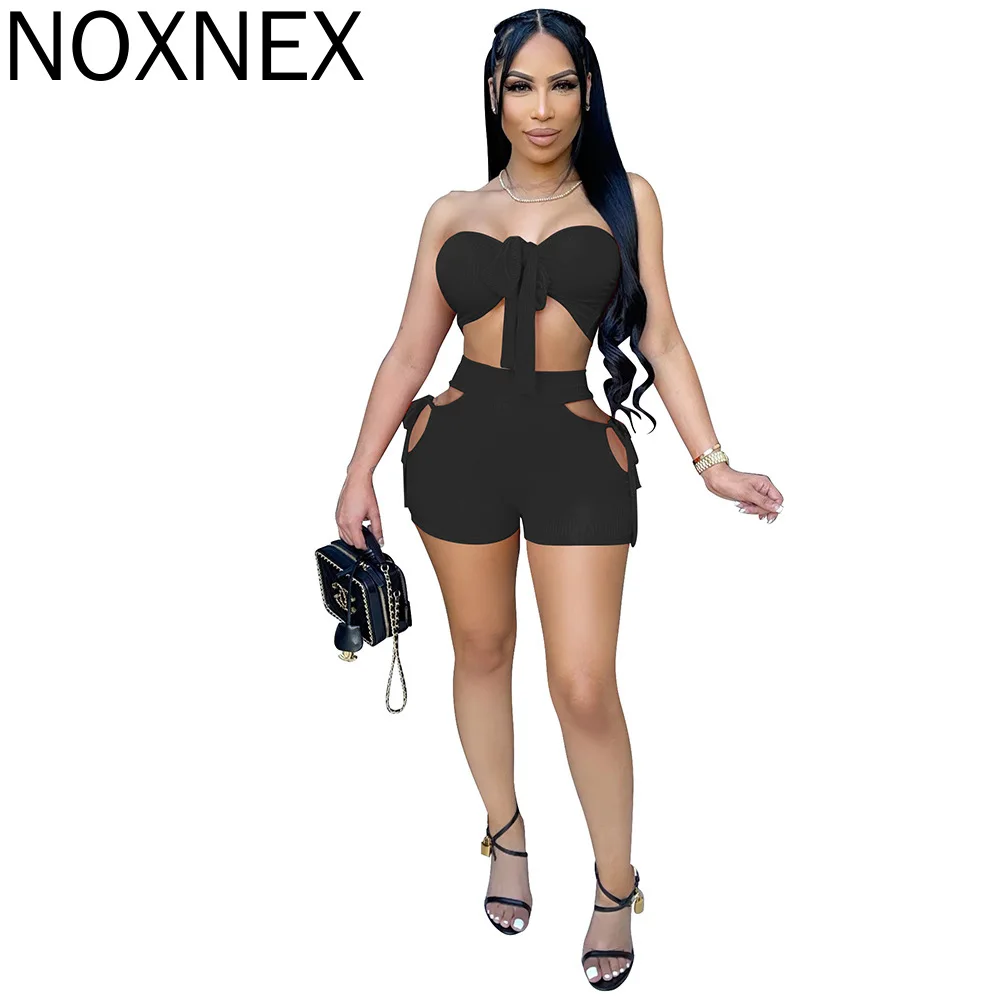 

NOXNEX Casual Summer Women Two-piece Outfits Sexy Solid Drawstrings Wrapped Chest Short Shorts Sport Outwear Beachwear