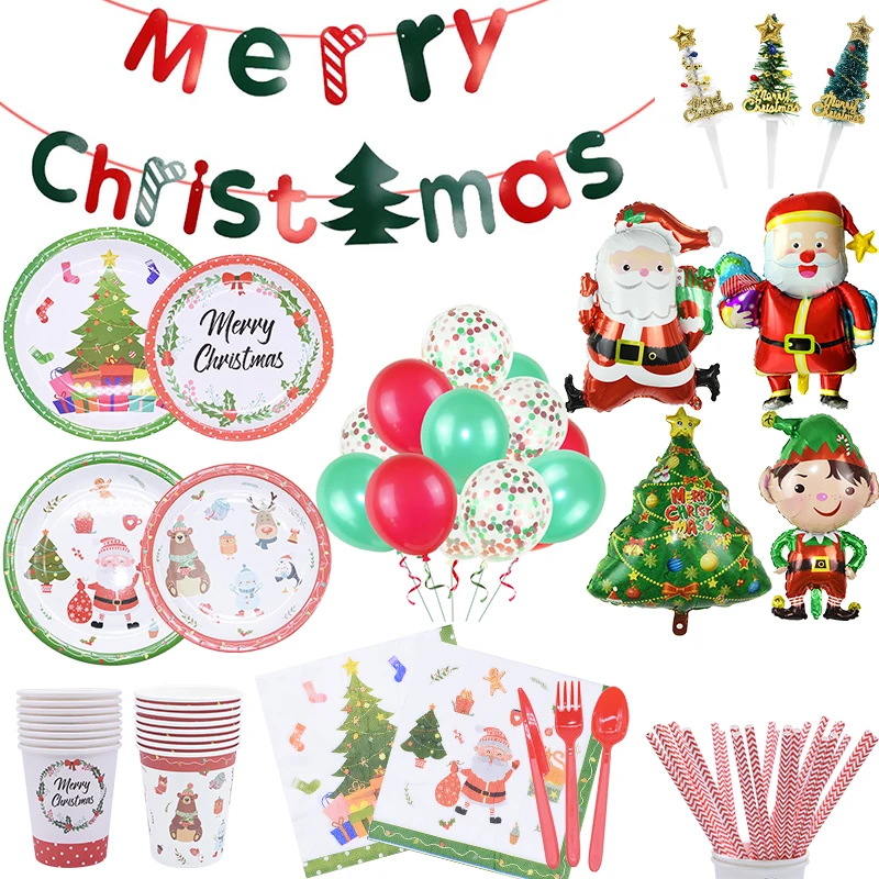 Рождественская вечеринка Декор одноразовые столовые приборы бумажные тарелки и