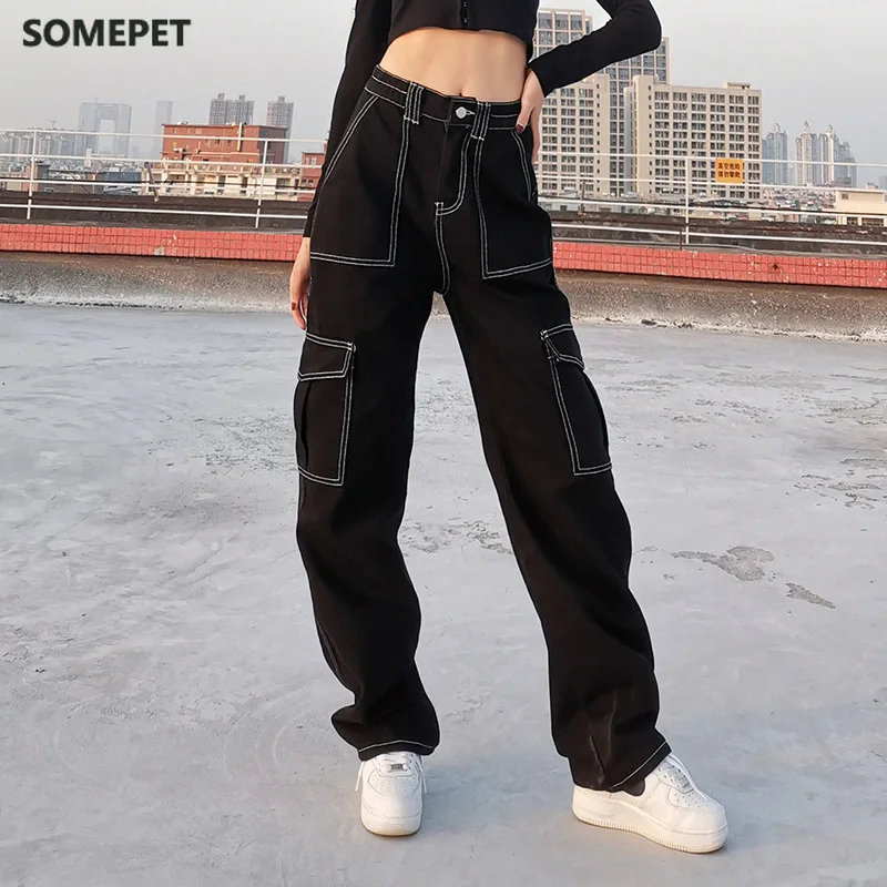 

Women Straight Wide Leg Jeans, Trendy Hip Hop Style High Waist Relaxed Fit Denim Pants Pockets Decor Spring Autumn Wear