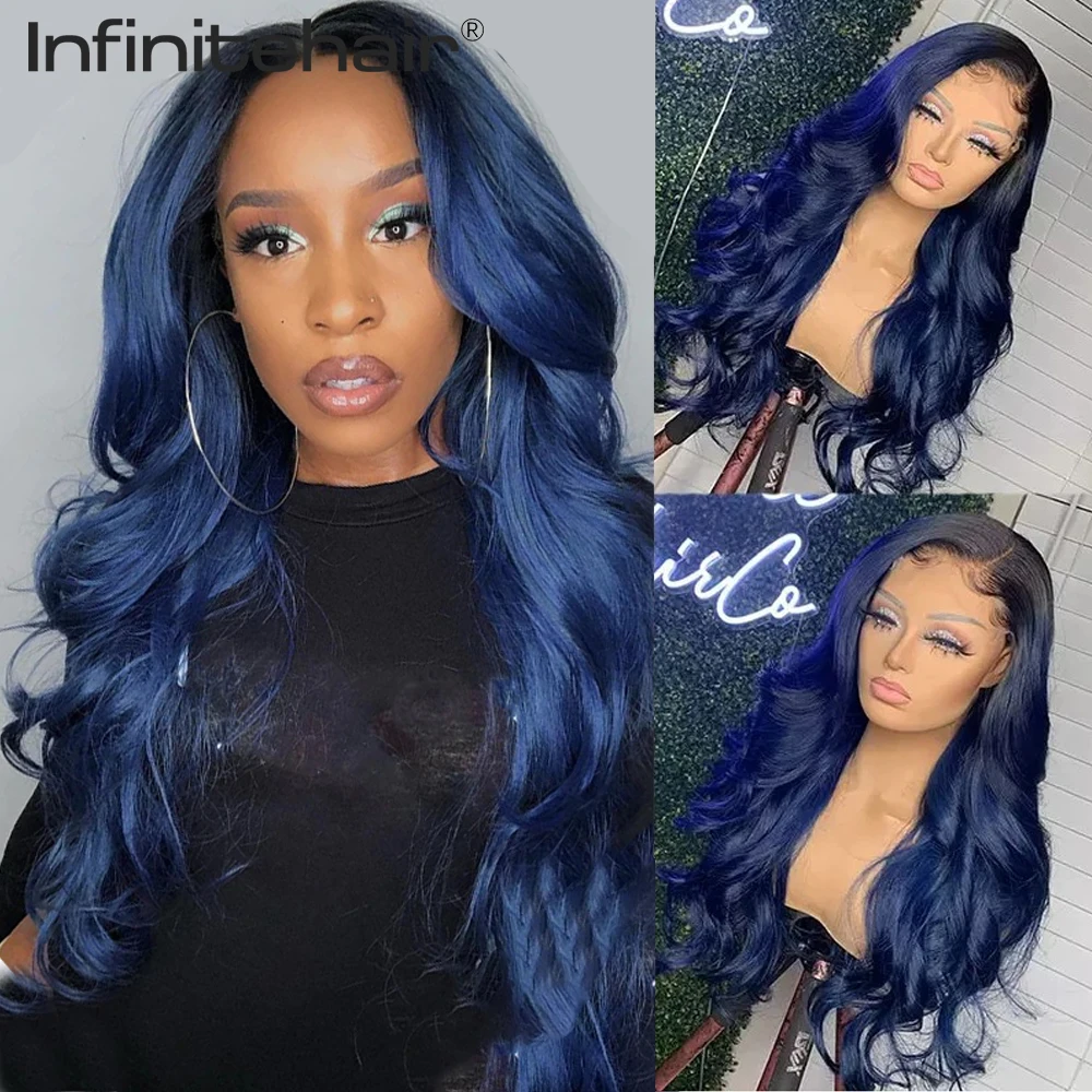 Navy Blue Preplucked Colored 13*1 T Part Lace Front Human Hair Wigs 1b Dark Root Middle Part Ombre Brazilian Virgin Hair Wig