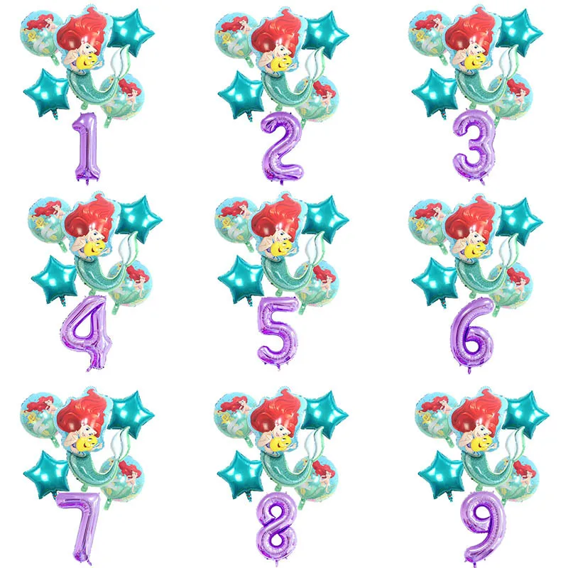 

6pcs Disney Mermaid Ariel Cartoon Foil Balloons Birthday Party Decorations Supplies Number Balloon Kids Toy Air Globos Girl Gift