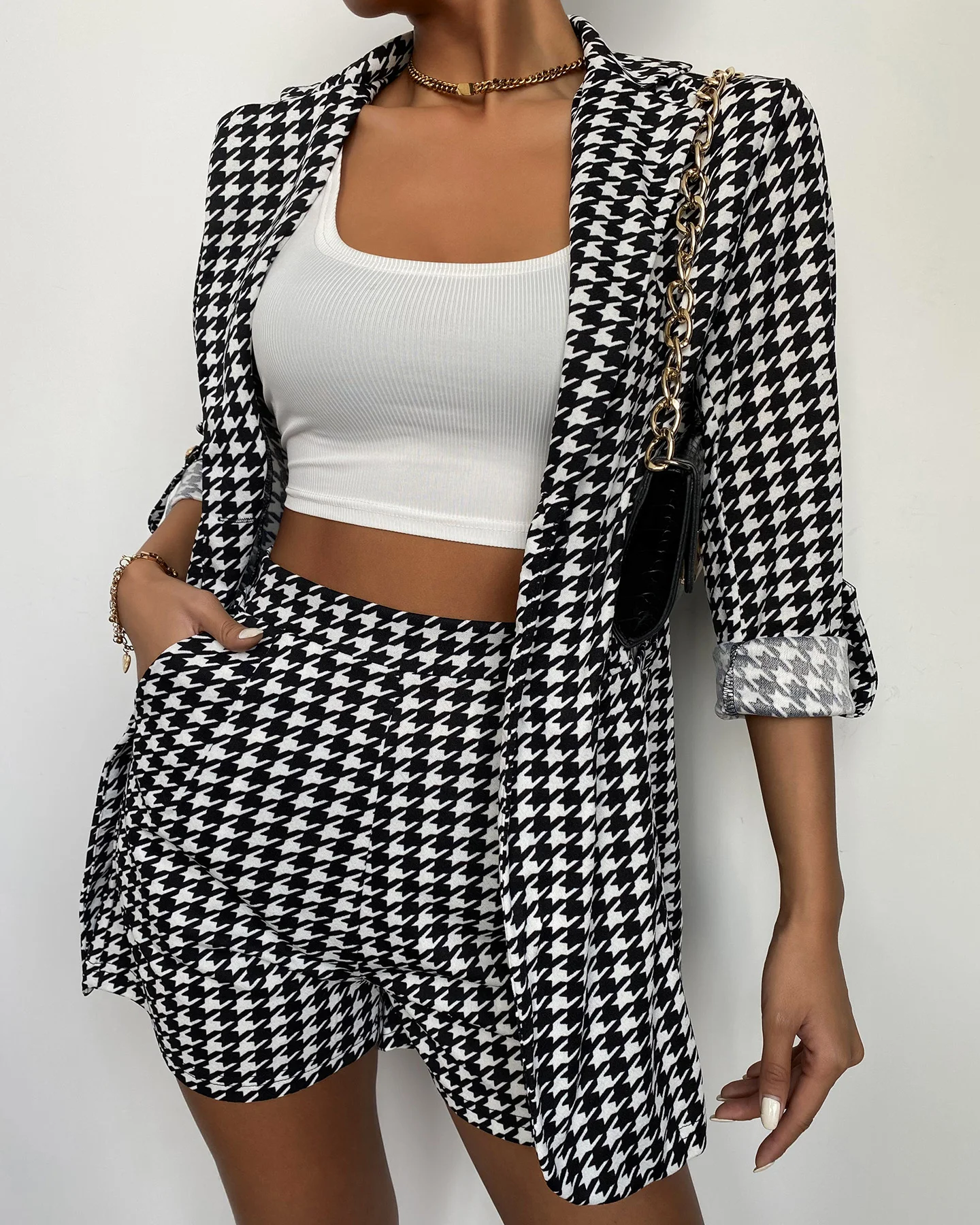 

Spring Autumn Women Classical Houndstoot Blazer & Shorts Set 2021 New Femme 2 Piece Plaid Coat & Short Pants Suit Lady Outfits