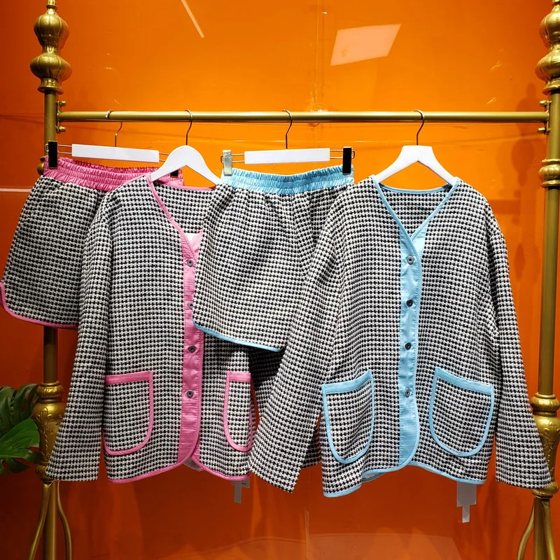 

-Style Stitching Contrast Color Black and White Plaid Loose Large Profile Houndstooth Woven Coat Shorts Suit