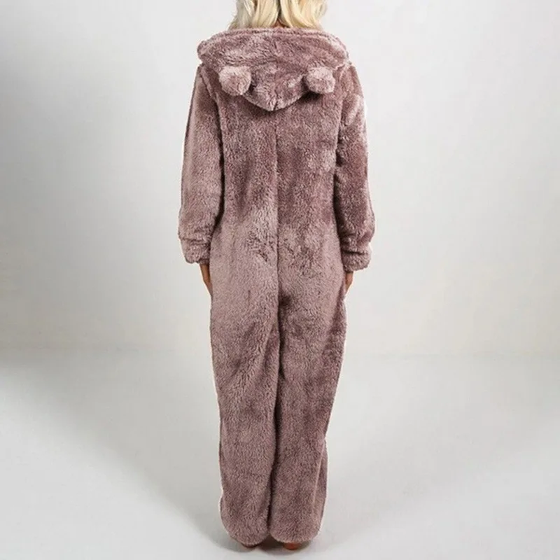 Winter Women Onesies Solid Warm Pyjamas Fleece Jumpsuits Sleepwear Overall Cute Bear Hooded Pajamas For Nightwear Homewear |