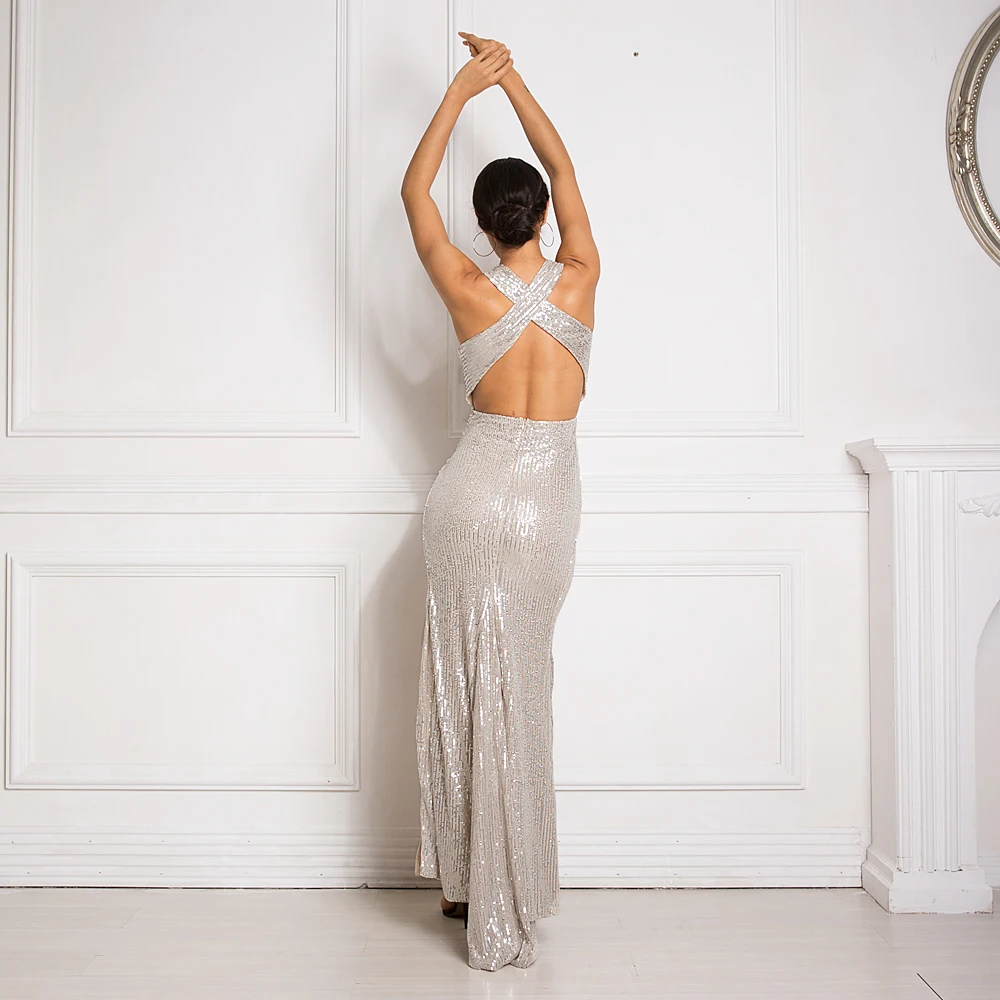 сексуальные V образный вырез Щелевая пустотелый длинное платье эластичный