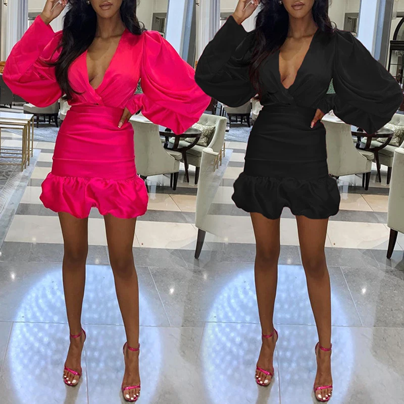 

NEW Autumn V Neck Patchwork Dress Women Puff Long Sleeve Slim Dress Female Sexy Solid Bodycon Dresses Midi Party Vestidos