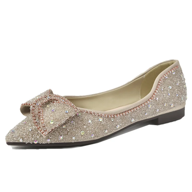 

Casual Woman Shoe Female Footwear Shallow Mouth Crystal Pointed Toe Dress Big Size Rhinestone Boat Flat Slip-On Rubber Solid Sil