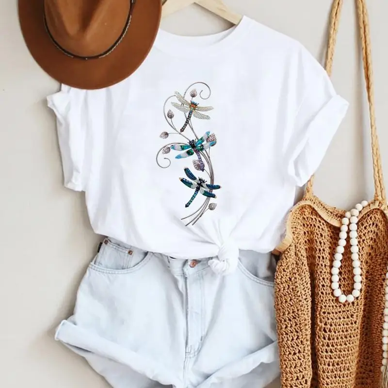 

Women Cartoon Flower Dragonfly 90s Short Sleeve Fashion Summer Lady Print Tee Graphic T Top Female Tshirts Clothes T-Shirt