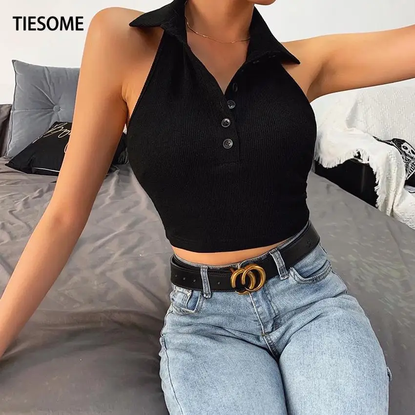 Женская короткая майка TIESOME черная однотонная белая Клубная одежда без рукавов с
