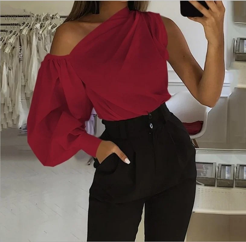 

2021 Fashion All-Match Casual Solid Elegant Plus Size New T-shirts Women Summer Long Sleeve Tshirts Sexy Off Shoulder Black Tops