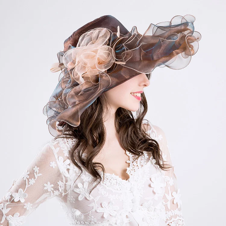 

DIY Hats Fashion Summer Organza Sun Hats For Women Elegant Laides Church Vintage Hat Wide Large Brim With Big Flower