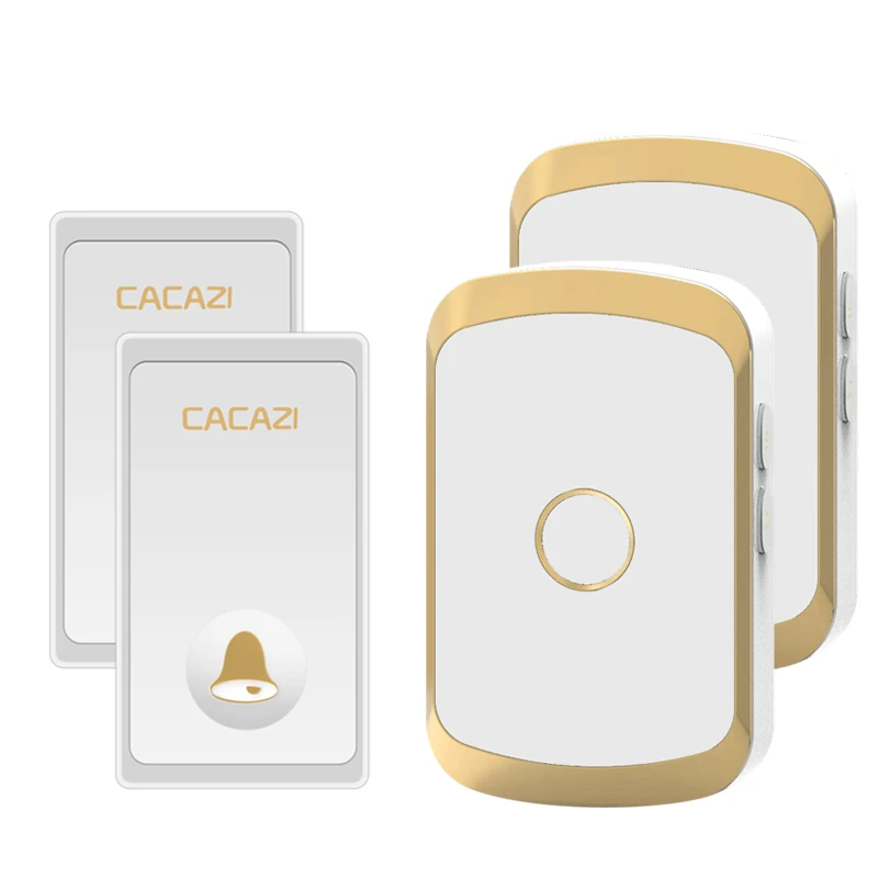 2 button 2 receiver CACAZI автономный водонепроницаемый беспроводной дверной звонок без кнопки батареи 200 м дистанционный светодиодный светильник Домашний Беспроводной дверной звонок с европейской вилкой 36 Chime - Цвет: 2 button 2 receiver