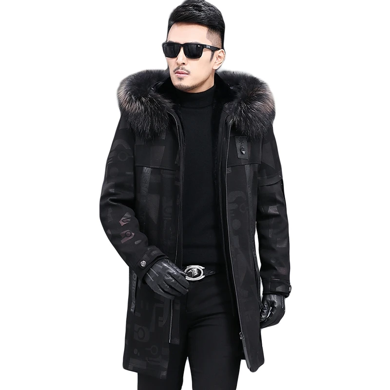 

man's Parka A with a hoodie and raccoon collar, a warm natural rabbit lining, and a tall winter coat