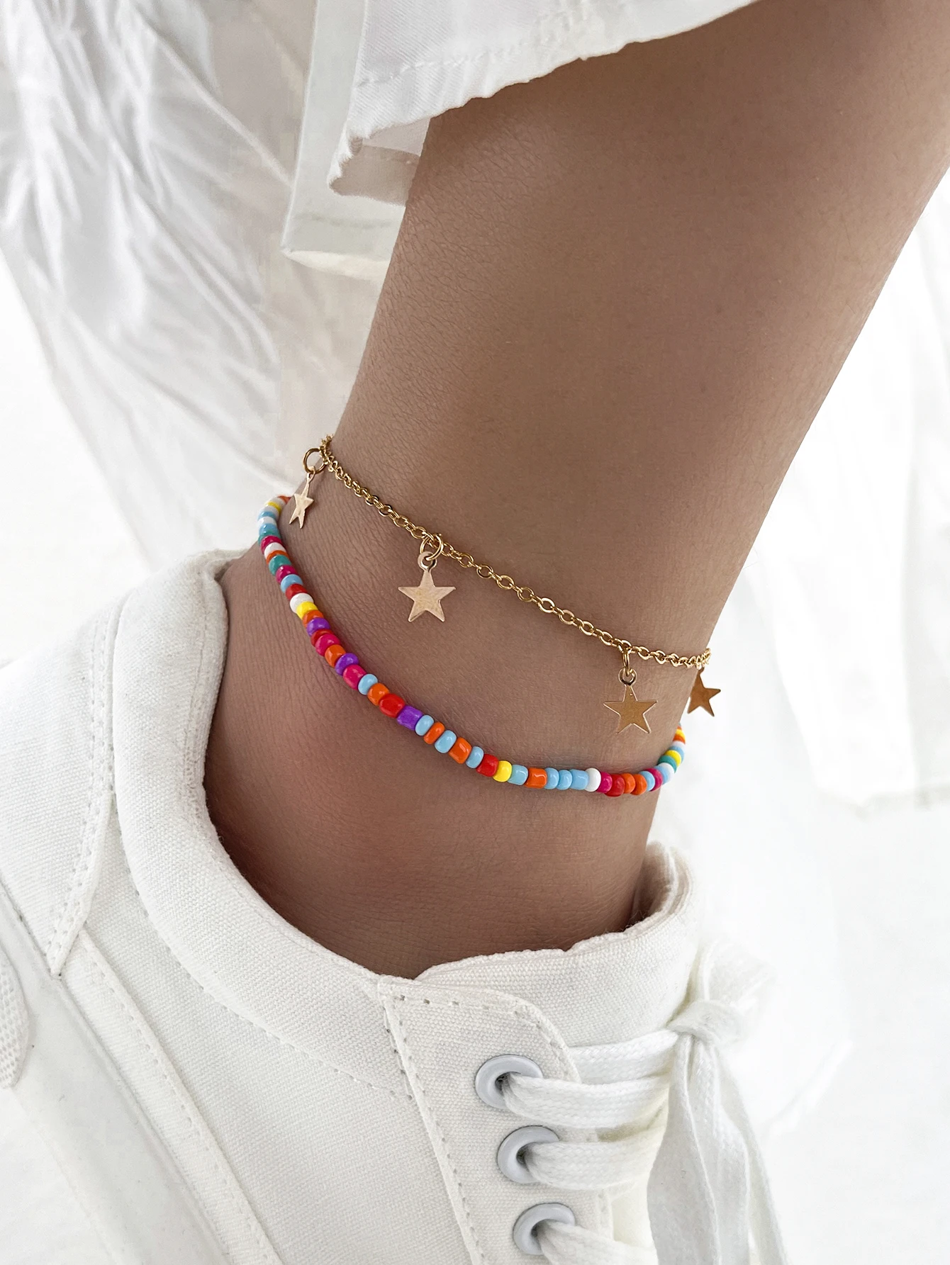 

Stillgirl 2Pcs Boho Multi Color Beaded Chain Anklet Bracelet for Women Kpop Geometric Star Set Female Y2k Fashion Jewelry Bijoux