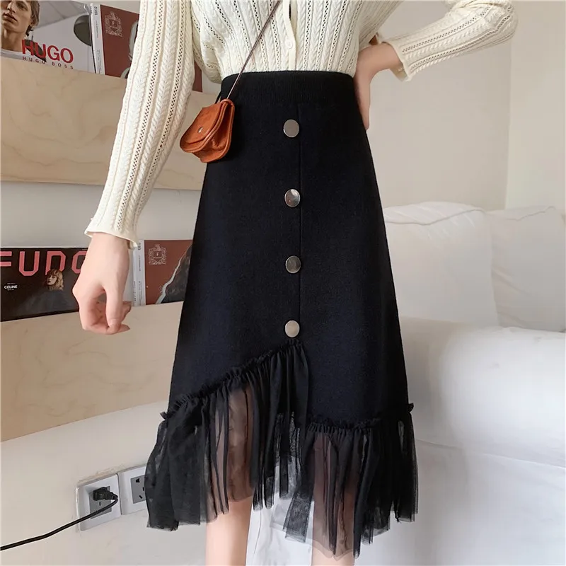 

Fashion Knitted Lace Stitching A-Line Knee-Length Skirt Women 2021 New Autumn And Winter High-Waist Wrap Hip Skirts