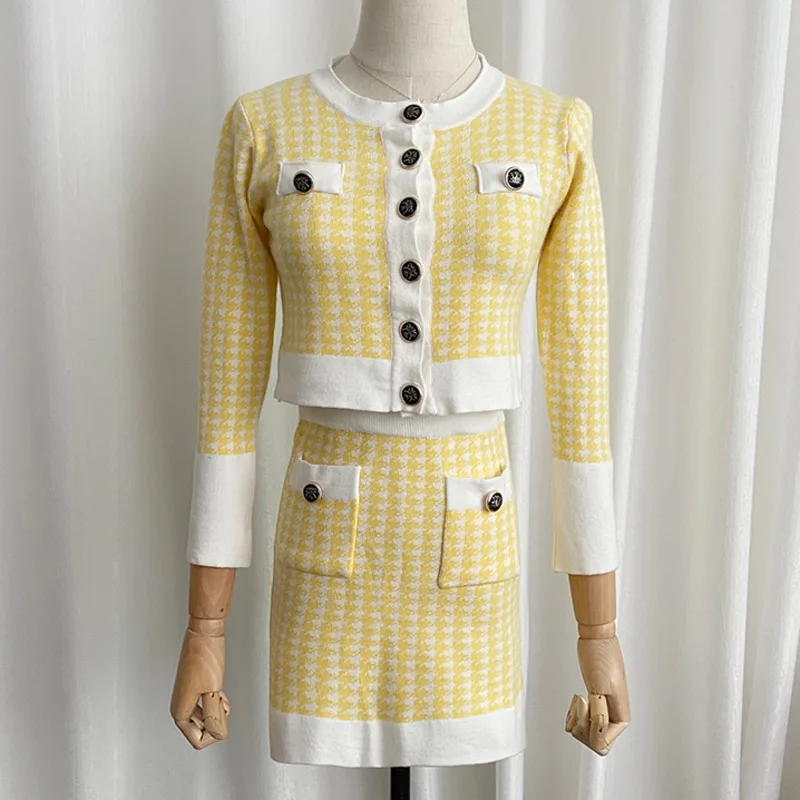 

Autumn Women's Two-piece French Fashion Temperament Houndstooth Long-sleeved Jacket + High-waisted Thin Elastic Waist Skirt Suit