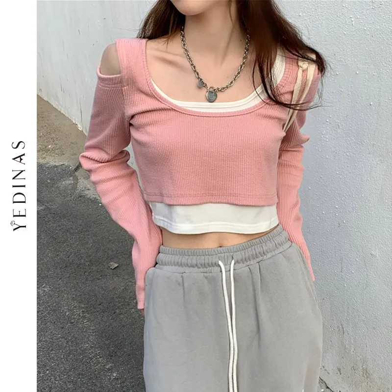 Yedinas Off Shoulder Crop Tops Women Knitted Sweater Female Slim Short Sweaters Pink Bodycon Long Sleeve Casual Solid Basic Top | Женская