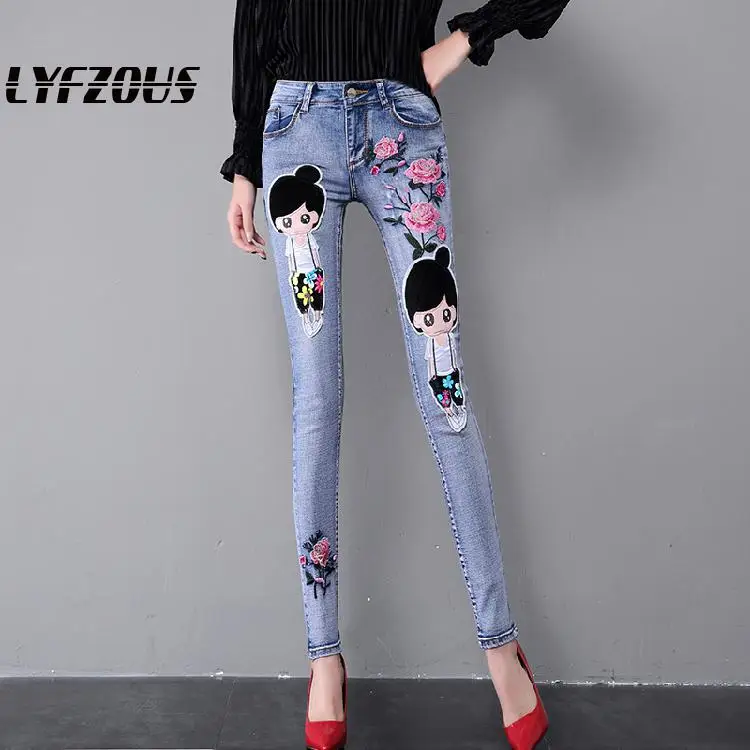 Новые модные джинсы с цветочной вышивкой для женщин 2020 эластичные узкие