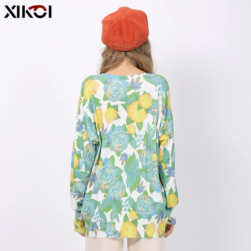 New XIKOI Fashion Sweet Rose Print Sweater For Women Winter Oversized Pullover Autumn O-Neck Jumper Knitted Pull Femme Plus Size | Женская