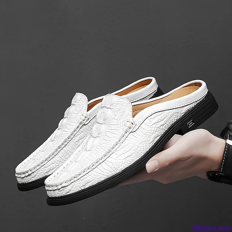 

2020 Summer Half Drag Peas Leather Mens Driving Shoes Men's Slipper Penny Loafers Men Moccasins Man Mules Tenis Masculino White