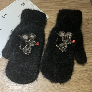 Женские зимние перчатки, роскошные перчатки Стразы с мультяшной мышью, с закрытыми пальцами, мягкие меховые перчатки для девочек, варежки, подарок