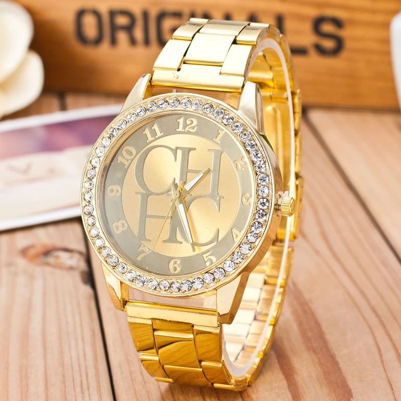 

Relojes de cuarzo a la moda para mujer, pulsera de lujo de cristal dorado de acero inoxidable, novedad de 2020