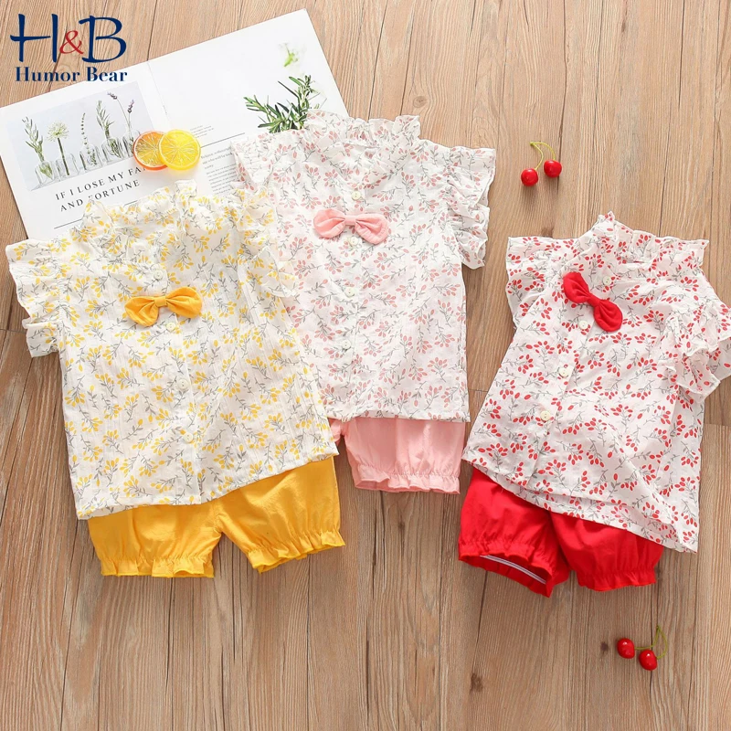 

Humor Bear Girls Clothes Sets 2022 Summer Floarl Printed Flying-Sleeved Shirt +Solid Color Shorts 2Pcs Toddler Clothes