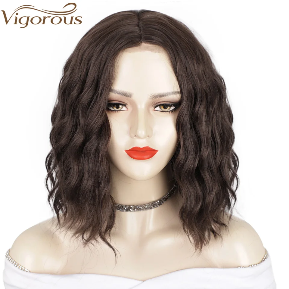 

Vigorous Short Wavy Bob Wig Synthetic Dark Brown Middle Part Shoulder Length for Women Natural Heat Resistant Fiber Hair