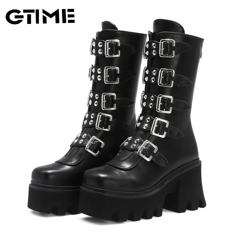 

Winter Gothic Punk Womens Platform Boots Black Buckle Strap Zipper Creeper Wedges Shoes Mid Calf Military Combat Boots#SJPAE-651