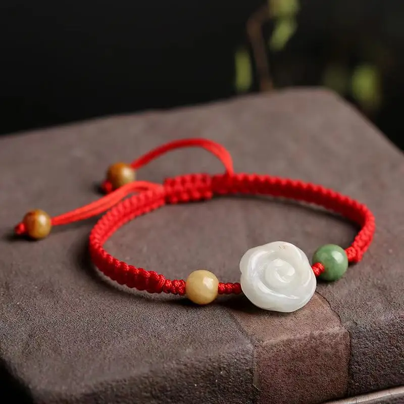 

Hot Selling Natural Jadeite Jade Rose Bracelet For Men And Women Chinese Style Hand-Woven String