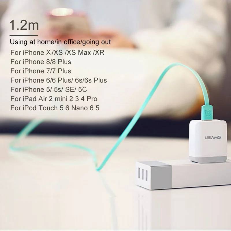 USAMS U2 2A Flat Soft Silicone Charging Data Cable For iPhone iPad Lightning Type C Micro USB Cable For Huawei Xiaomi Samsung