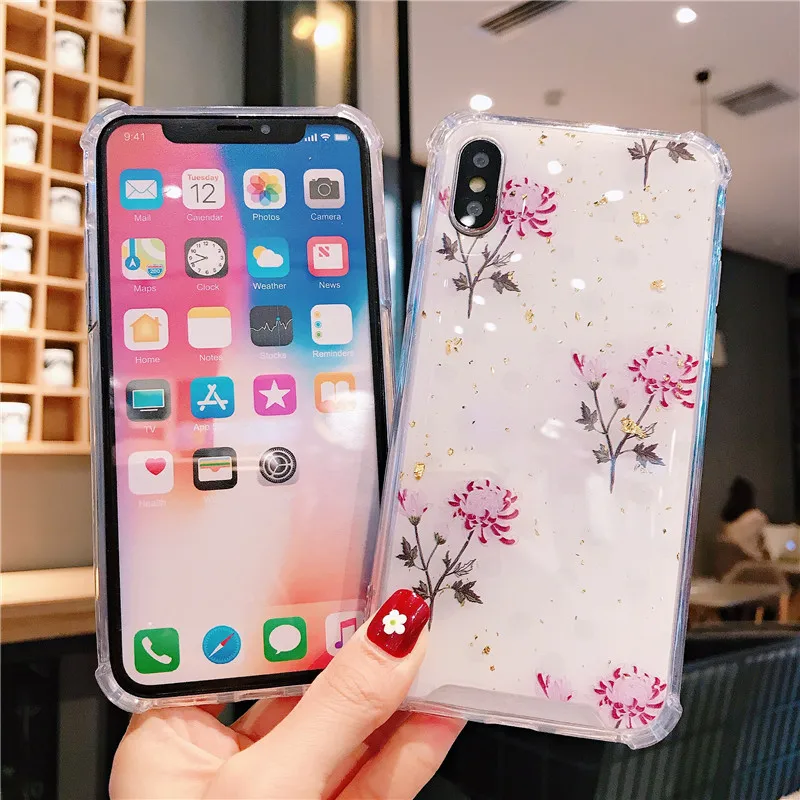Four Corner Anti-fall Case for iPhone 6s 7 8 Plus 11 Pro Max XS XR X Drop Glue Flowe Hard Back Cover Clear Soft TPU Bumper Shell |