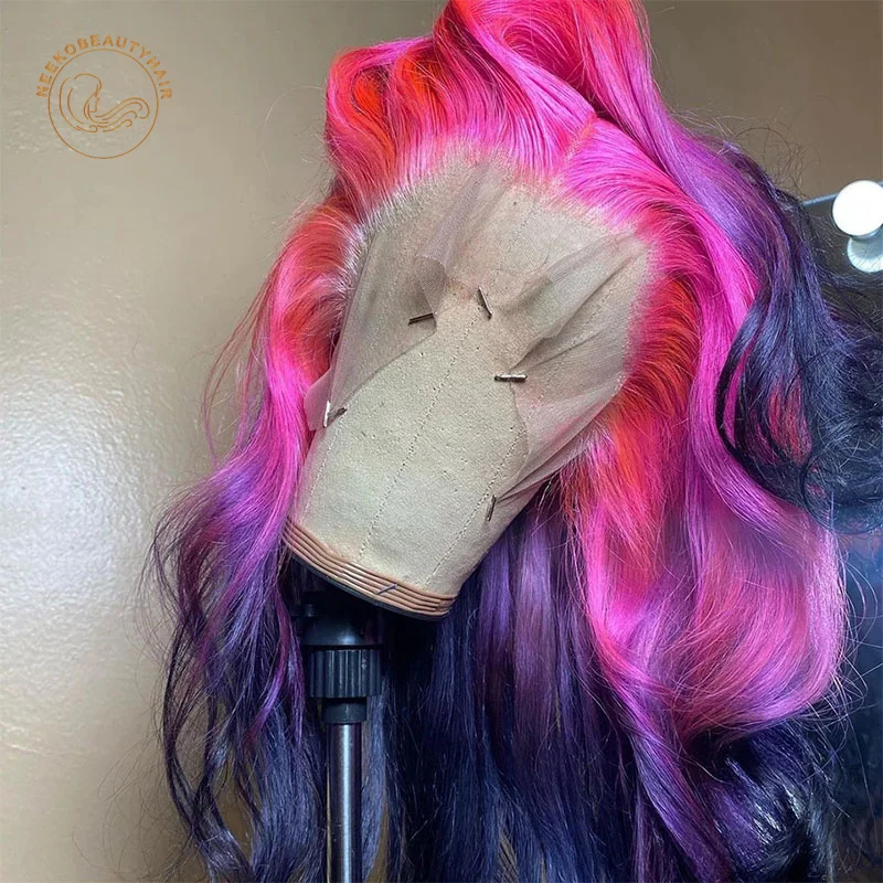 Парик из натуральных человеческих волос с эффектом омбре розовый фиолетовый